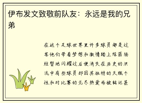 伊布发文致敬前队友：永远是我的兄弟