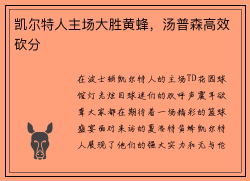 凯尔特人主场大胜黄蜂，汤普森高效砍分