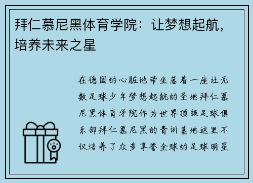 拜仁慕尼黑体育学院：让梦想起航，培养未来之星