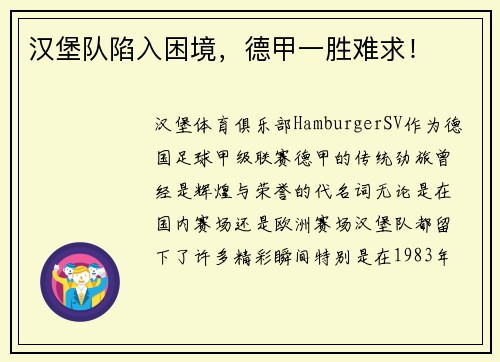 汉堡队陷入困境，德甲一胜难求！